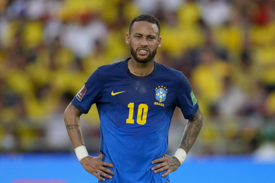 Brazil's Neymar gestures during a qualifying soccer match for the FIFA World Cup Qatar 2022 against Colombia in Barranquilla, Colombia, Sunday, Oct. 10, 2021. (AP Photo/Fernando Vergara)