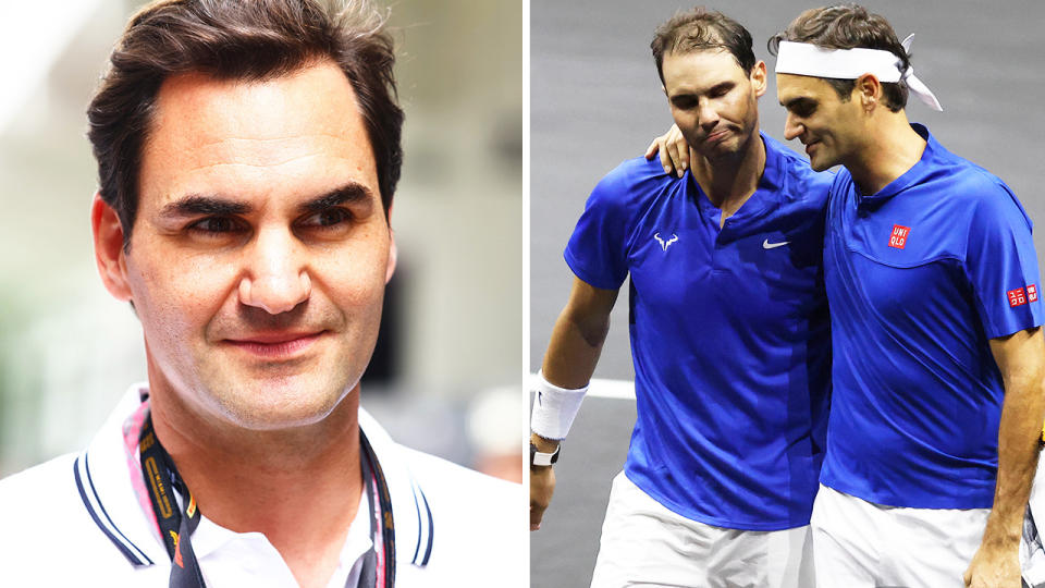 Roger Federer on the Miami GP grid walk and Federer embraces Rafa Nadal at the laver Cup.