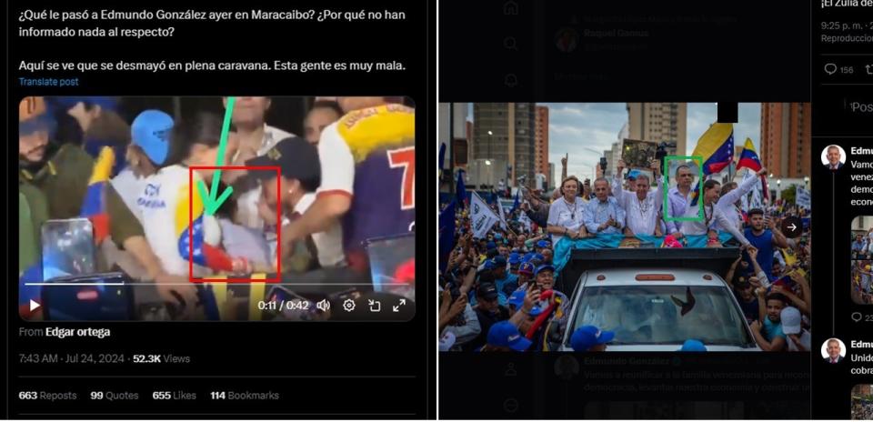 <span>Comparación entre capturas de pantalla de una publicación en X (I) y de una entrada de la cuenta en X de Edmundo González, hecha el 24 de julio de 2024</span>