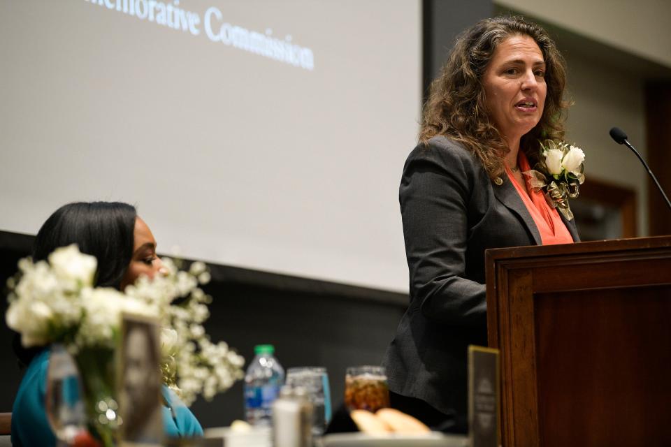 Knoxville Mayor Indya Kincannon speaks at the 34th Annual Martin Luther King Jr. Commemorative Commission Leadership Awards Luncheon at the University of Tennessee Student Union in Knoxville, Tenn., on Thursday, Jan. 12, 2023.