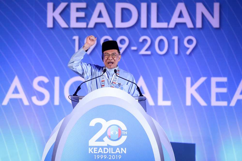 PKR president Datuk Seri Anwar Ibrahim delivers his opening speech during the PKR National Congress in Melaka December 7, 2019. ― Picture by Yusof Mat Isa