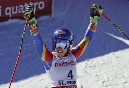 Alpine Skiing - FIS Alpine Skiing World Championships - Women's Giant Slalom - St. Moritz, Switzerland - 16/2/17 - Silver medalist Mikaela Shiffrin of the USA reacts at the finish line. REUTERS/Denis Balibouse