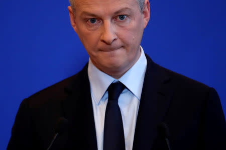 French Finance Minister Bruno Le Maire reacts during a news conference about Lactalis baby milk contamination scandal at the Bercy Finance Ministry in Paris, France, January 11, 2018. REUTERS/Christian Hartmann