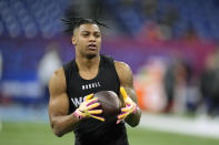 FILE - Southern California wide receiver Brenden Rice runs a drill at the NFL football scouting combine, Saturday, March 2, 2024, in Indianapolis. (AP Photo/Michael Conroy)