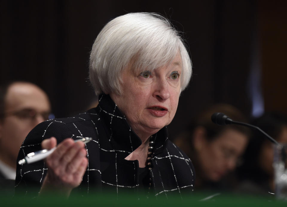 Federal Reserve Board Chair Janet Yellen testifies on Capitol Hill in Washington, Thursday, Feb. 11, 2016, before the Senate Banking Committee hearing on: 'The Semiannual Monetary Policy Report to the Congress.' (AP Photo/Susan Walsh)