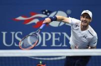 Sept 1, 2016; New York, NY, USA; Andy Murray of the UK hits to Marcel Granollers of Spain (not pictured) on day four of the 2016 U.S. Open tennis tournament at USTA Billie Jean King National Tennis Center. Robert Deutsch-USA TODAY Sports