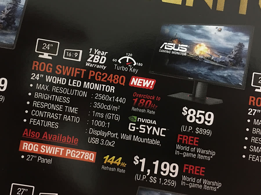 The ASUS ROG Swift PG248Q is a new arrival. A 24-inch, 2,560 x 1,440-pixel gaming monitor that supports NVIDIA G-Sync, has a 1ms response time, and can be overclocked to 180Hz, it's going for $859 at Comex, and comes with free World of Warship in-game items.