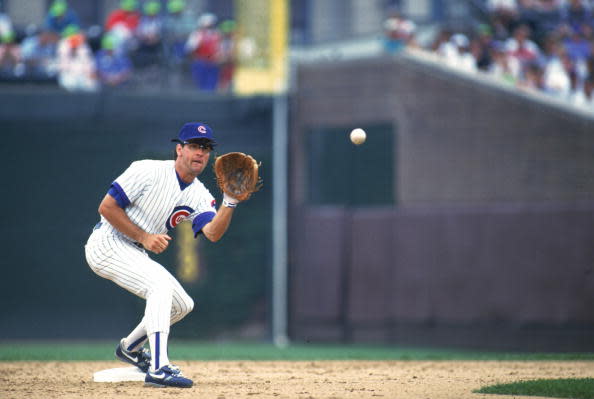 CHICAGO: Ryne Sandberg of the Chicago Cubs fields during an MLB game at Wrigley Field in Chicago, Illinois. Ryne Sandberg played for the Chicago Cubs from 1982-1997. (Photo by Dan Donovan/MLB Photos via Getty Images)