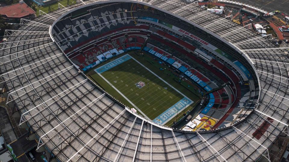 An aerial view of the Azteca Stadium in Mexico City, Saturday, Nov. 16, 2019, where the Kansas City Chiefs and Los Angeles Rams will face off for a regular-season Monday Night Football game. Heavy rain and heavy use last year left the grass unfit for the AFC matchup, forcing the Chiefs-Rams game to be relocated to Los Angeles. (AP Photo/Christian Palma)