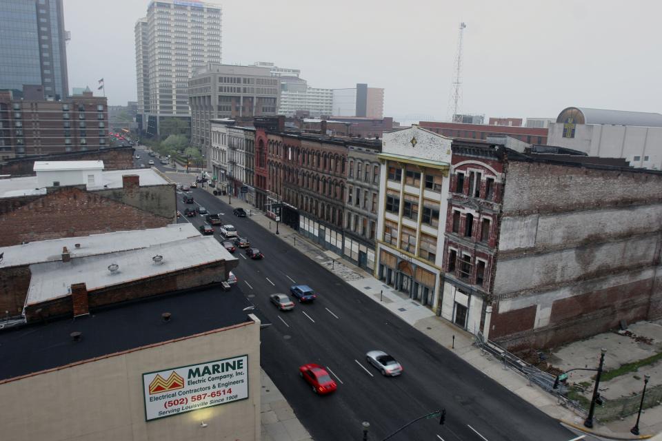 The 100 block of West Main Street is seen as it was in 2007, before the construction of the KFC Yum Center.