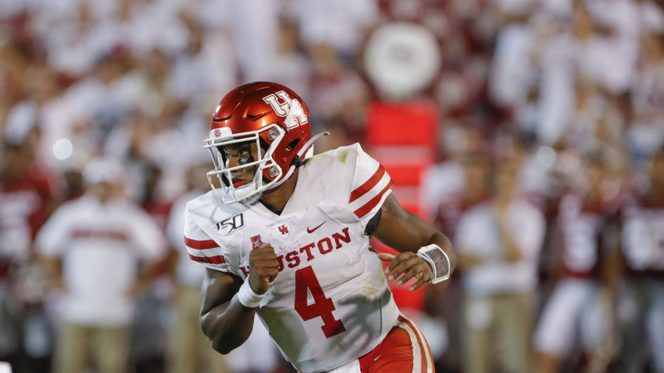 Houston quarterback D'Eriq King (4) during the second half of an NCAA college football game in Norman, Okla., Sunday, Sept. 1, 2019. Oklahoma won 49-31. (AP Photo/Alonzo Adams)