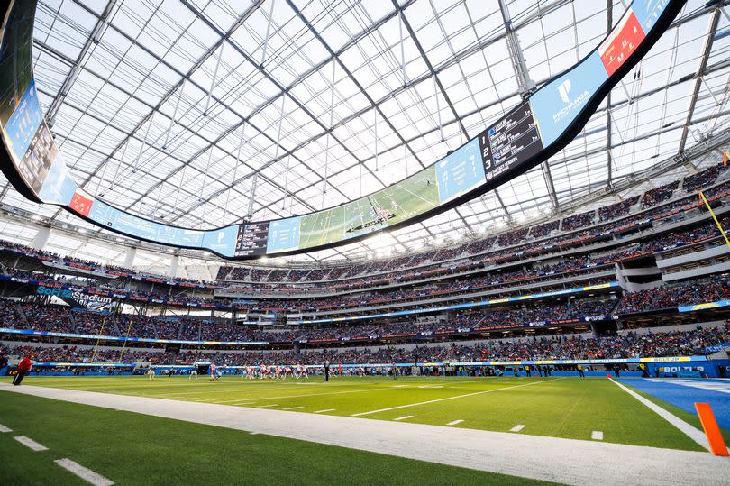 A general view of SoFi Stadium from the field level during an NFL football game between the Los Angeles Chargers and the Kansas City Chiefs at SoFi Stadium on January 7, 2024 in Inglewood, California