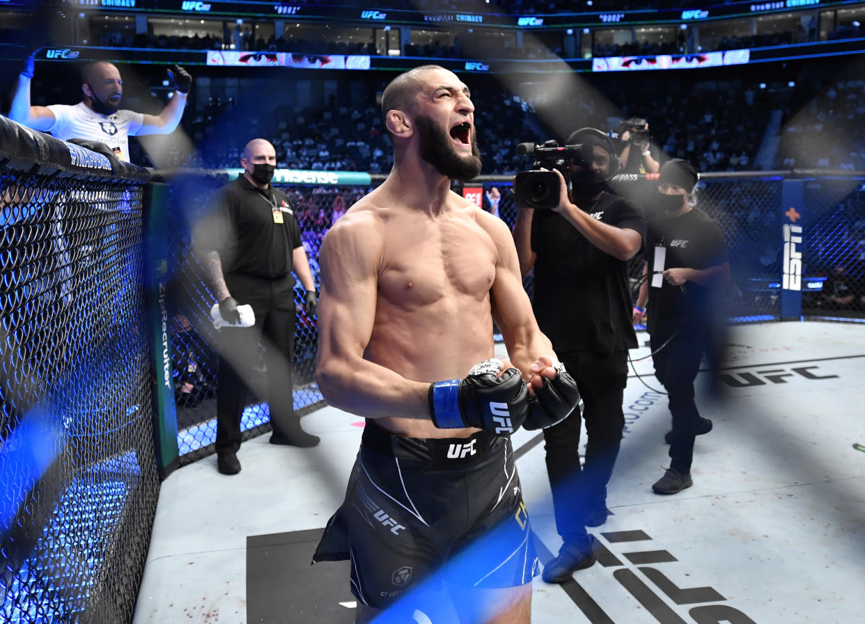 ABU DHABI, UNITED ARAB EMIRATES - OCTOBER 30: Khamzat Chimaev of Sweden prepares to fight Li Jingliang of China in a welterweight fight during the UFC 267 event at Etihad Arena on October 30, 2021 in Yas Island, Abu Dhabi, United Arab Emirates. (Photo by Chris Unger/Zuffa LLC)