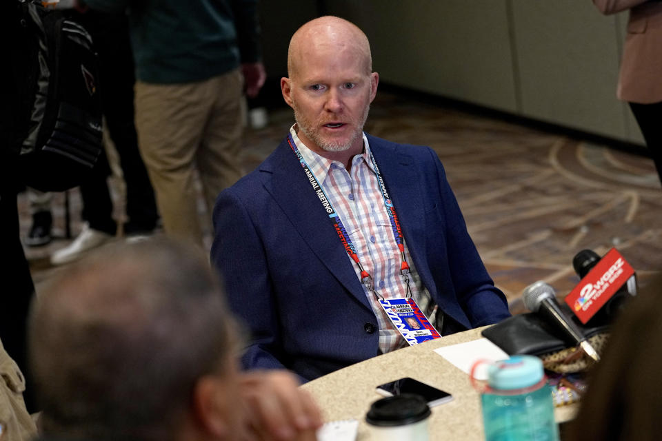 Buffalo Bills head coach Sean McDermott speaks during the AFC head coaches availability at the NFL meetings, Monday, March 27, 2023, in Phoenix. (AP Photo/Matt York)