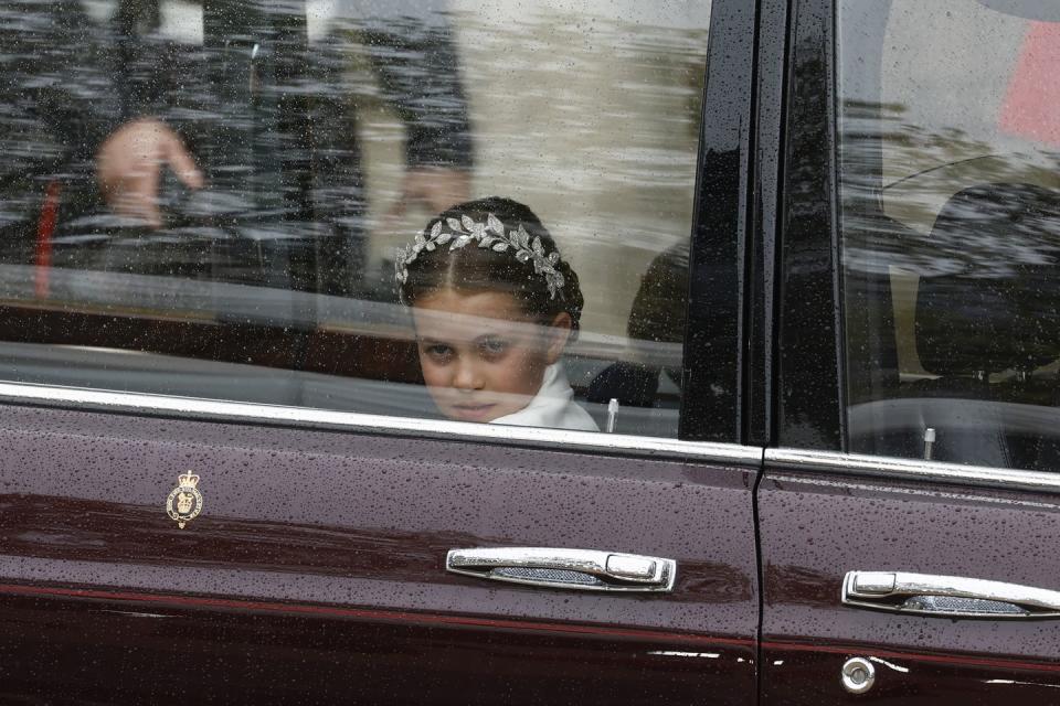 london, england may 06 princess charlotte of wales travelling in the state car during the coronation of king charles iii and queen camilla on may 06, 2023 in london, england the coronation of charles iii and his wife, camilla, as king and queen of the united kingdom of great britain and northern ireland, and the other commonwealth realms takes place at westminster abbey today charles acceded to the throne on 8 september 2022, upon the death of his mother, elizabeth ii photo by jeff j mitchellgetty images