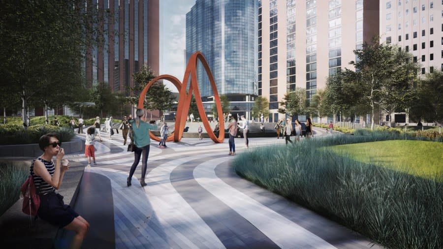 A photo of a digital rendering of the redeveloped Barney Allis Plaza.