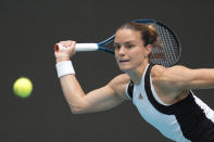 Maria Sakkari, of Greece, returns a ball from Yue Yuan, of China, in their women's second round match at the Miami Open tennis tournament, Thursday, March 21, 2024, in Miami Gardens, Fla. (AP Photo/Rebecca Blackwell)