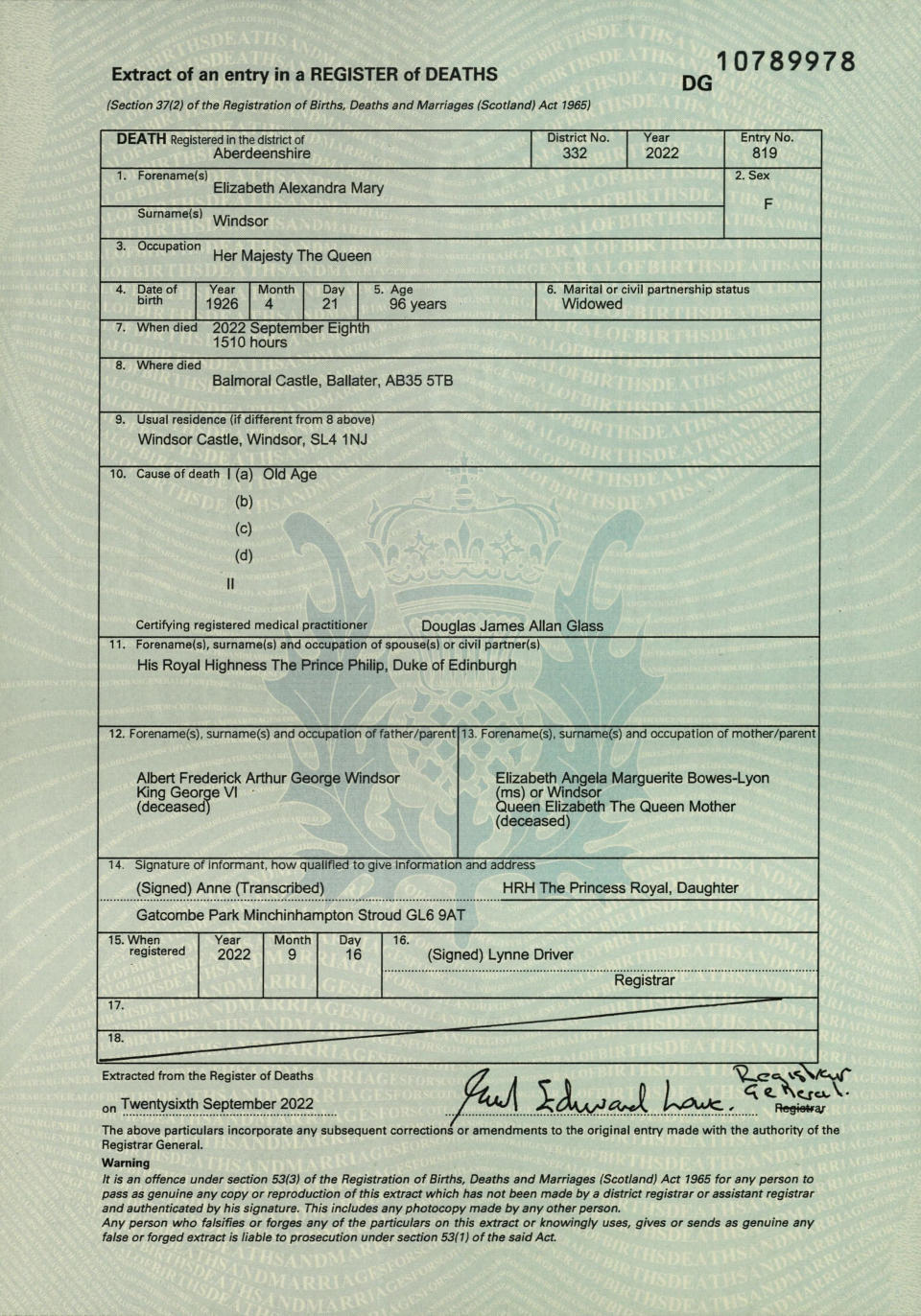 The queen's death certificate, which was released by National Records of Scotland.  (National Records of Scotland)