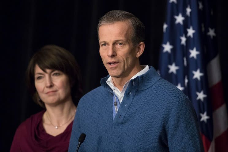 Sen. John Thune, R-S.D., accompanied by Rep. Cathy McMorris Rodgers, R-Wash., speaks with members of the media during a news conference at the Republican congressional retreat in Philadelphia, Wednesday, Jan. 25, 2017. (AP Photo/Matt Rourke)