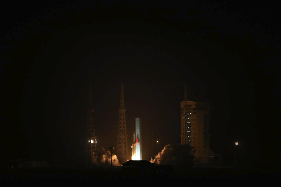 This photo released by the Iranian Defense Ministry on Sunday, Jan. 28, 2024, claims to show the launching of Simorgh, or "Phoenix," satellite carrier at the Imam Khomeini Spaceport in Iran's rural Semnan province. Iran said Sunday it successfully launched three satellites into space, the latest for a program that the West says improves Tehran's ballistic missiles. (Iranian Defense Ministry via AP)