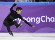 <p>The United States’ Nathan Chen falls in the men’s single short program team event at the 2018 Winter Olympics in Gangneung, South Korea, Friday, Feb. 9, 2018. (AP Photo/Bernat Armangue) </p>
