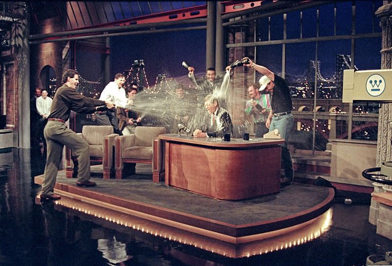 The New York Yankees Shower Dave with champagne on "The Late Show with David Letterman," Oct. 28 1996 on the CBS Television Network. Photo: Alan Singer/CBS ©1996 CBS Broadcasting Inc.