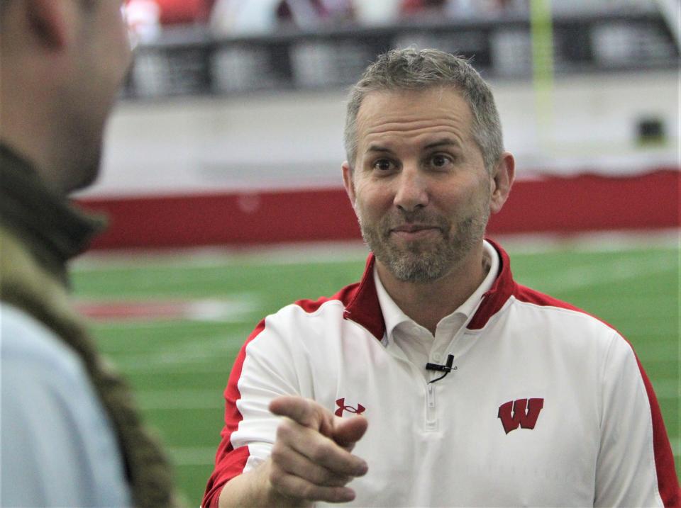 Wisconsin's new defensive coordinator, Mike Tressel, meets with reporters for the first time Thursday at the McClain Center in Madison.