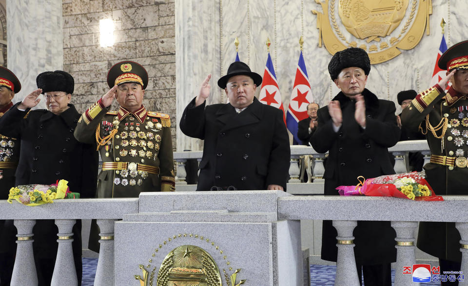 In this photo provided by the North Korean government, North Korean leader Kim Jong Un, center, attends a military parade to mark the 75th founding anniversary of the Korean People’s Army on Kim Il Sung Square in Pyongyang, North Korea Wednesday, Feb. 8, 2023. Independent journalists were not given access to cover the event depicted in this image distributed by the North Korean government. The content of this image is as provided and cannot be independently verified. Korean language watermark on image as provided by source reads: "KCNA" which is the abbreviation for Korean Central News Agency. (Korean Central News Agency/Korea News Service via AP)