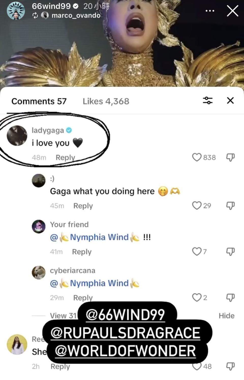 <strong>Lady Gaga向妮妃雅留言打氣。（圖／翻攝自妮妃雅 IG）</strong>