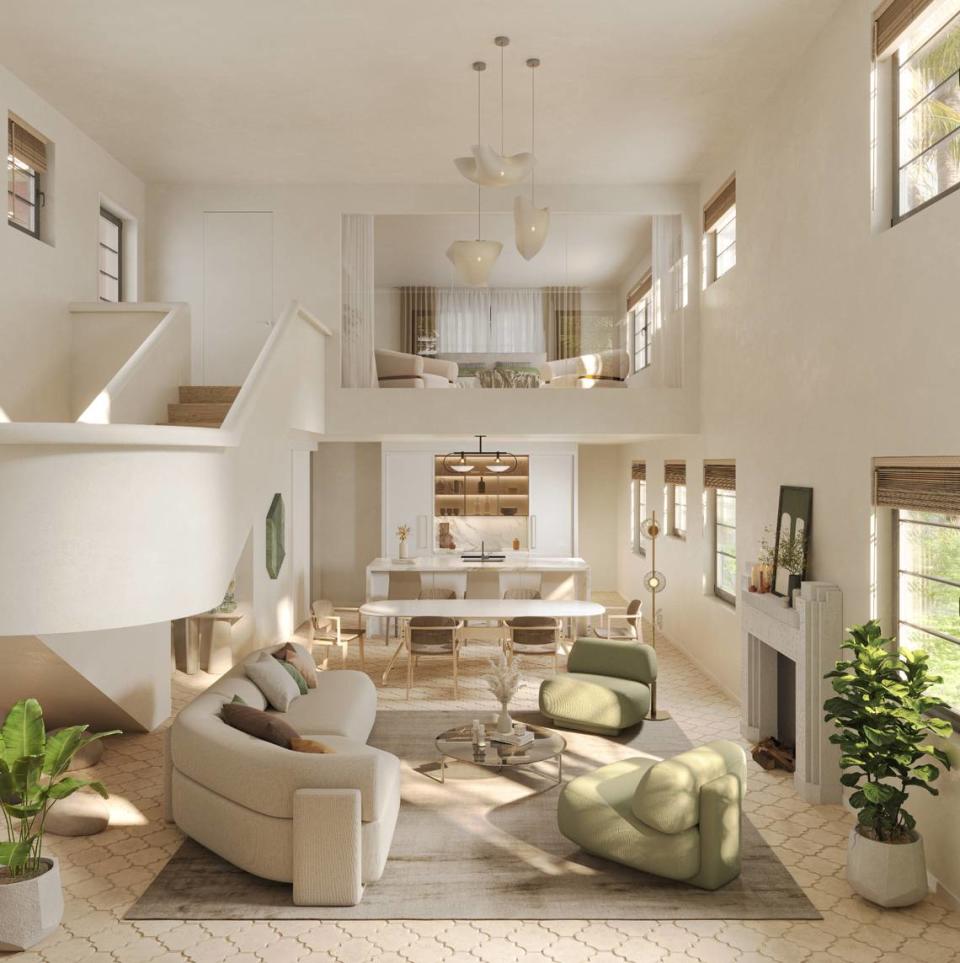 A historic 1936 apartment house on Indian Creek Drive in Miami Beach will be lifted above flood levels and restored as part of a luxury condo redevelopment project. Here’s a rendering of the interior of one of the new townhomes planned as part of the project.