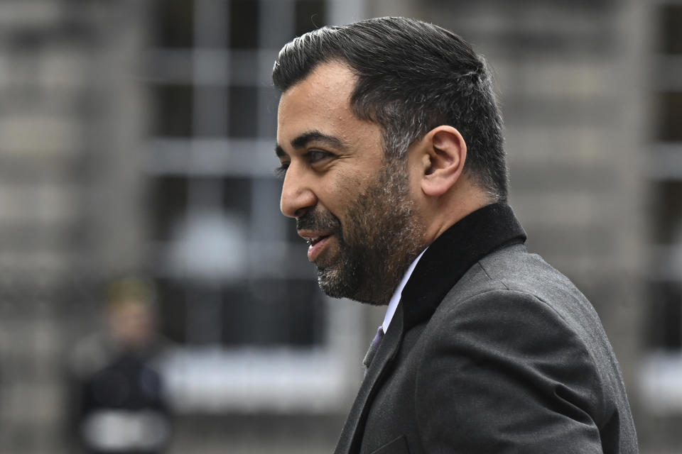 FILE - Scotland's first minister and Scottish National Party (SNP) leader Humza Yousaf arrives at St Giles' Cathedral to attend the National Service of Thanksgiving and Dedication for Britain's King Charles III and Queen Camilla, and the presentation of the Honours of Scotland, in Edinburgh, Scotland, Wednesday July 5, 2023. Vaughan Gething’s election as the next leader of Wales marks a milestone: For the first time, none of the U.K.’s four main governments is led by a white man. It’s a striking moment in a country grappling with racism and the legacy of empire. Prime Minister Rishi Sunak has Indian heritage and is Britain’s first Hindu leader. Scottish First Minister Humza Yousaf comes from a Pakistani Muslim family. (Paul Ellis/Pool Photo via AP, File)