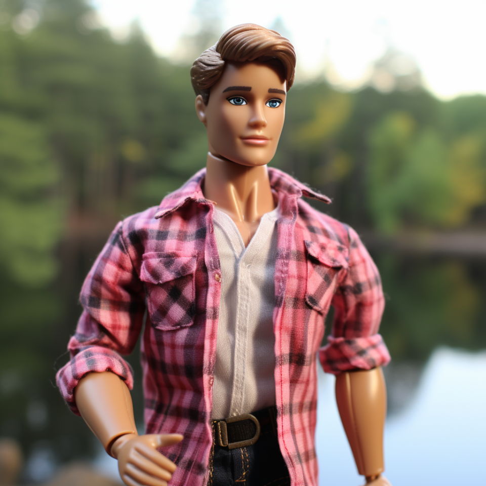 Brunette Ken wearing a plaid shirt, shirt underneath, and jeans with a belt