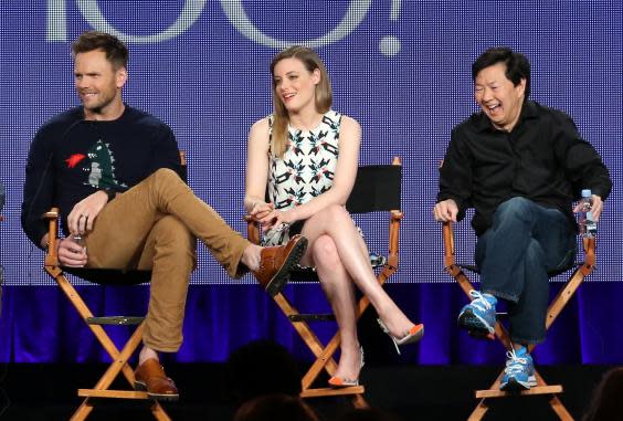 Joel McHale, Gillian Jacobs and Ken Jeong speak during the ‘Community’ panel as part of the 2015 Winter Television Critics Association Press Tour (Getty)