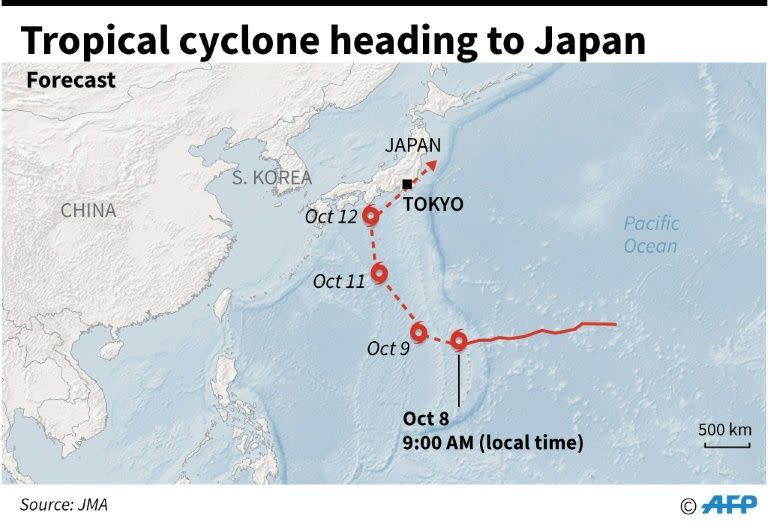 Map showing the forecast track of a cyclone moving towards Japan. (AFP Photo/Laurence CHU)