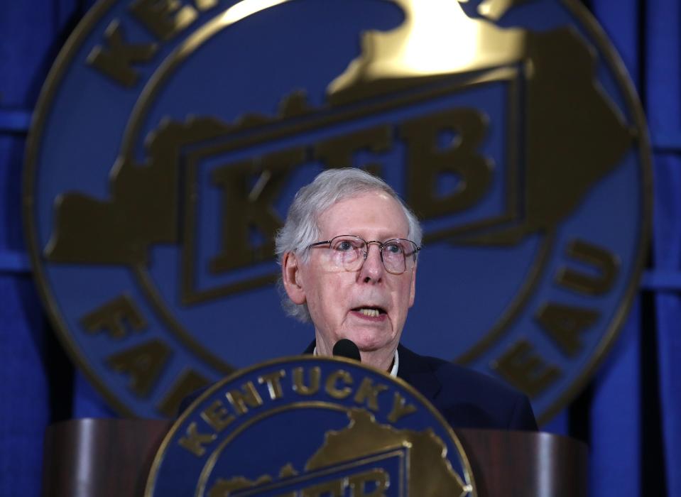 Senator Mitch McConnell speaks at the Kentucky Farm Bureau annual Country Ham Breakfast at the Kentucky State Fair on Thursday, August 24, 2023