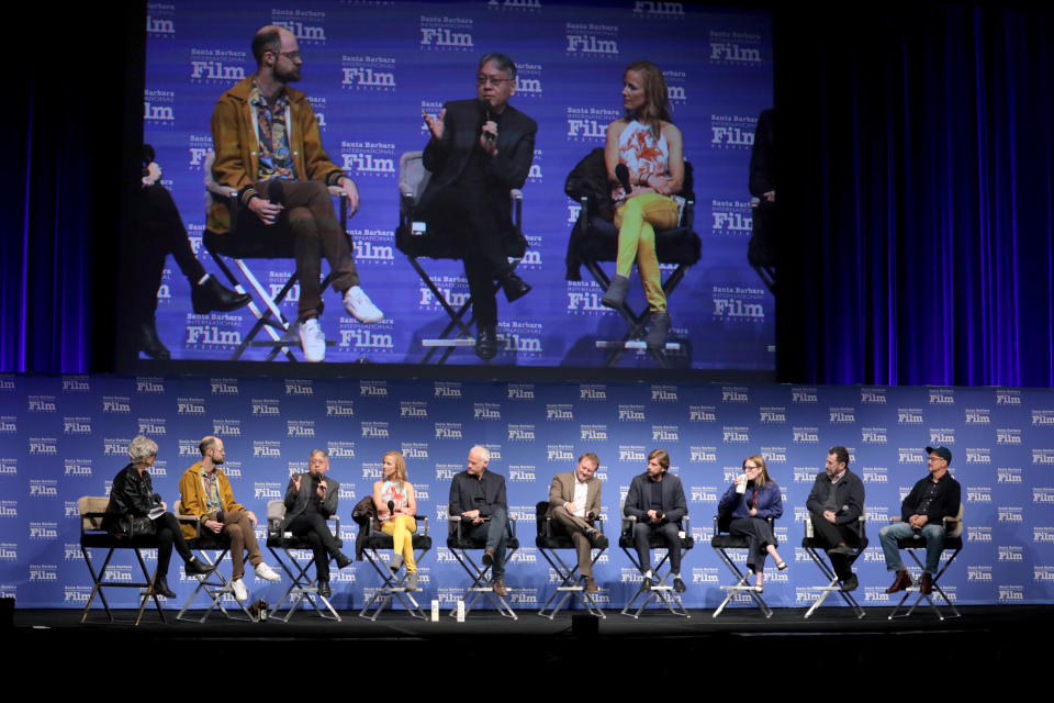 Moderator Anne Thompson, Daniel Scheinert, Kazuo Ishiguro, Lesley Paterson, Martin McDonagh, Rian Johnson, Ruben Östlund, Sarah Polley, Tony Kushner, and Todd Field speak at the Writer’s Panel during the 38th Annual Santa Barbara International Film Festival - Credit: Getty Images for SBIFF