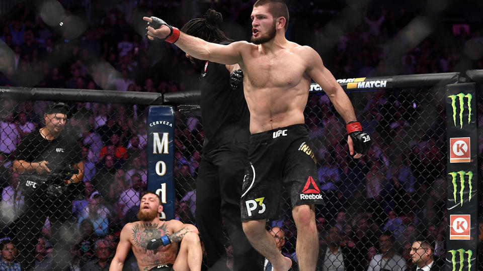 Khabib Nurmagomedov reacts after submitting Conor McGregor at UFC 229. (Photo by Jeff Bottari/Zuffa LLC/Zuffa LLC via Getty Images)