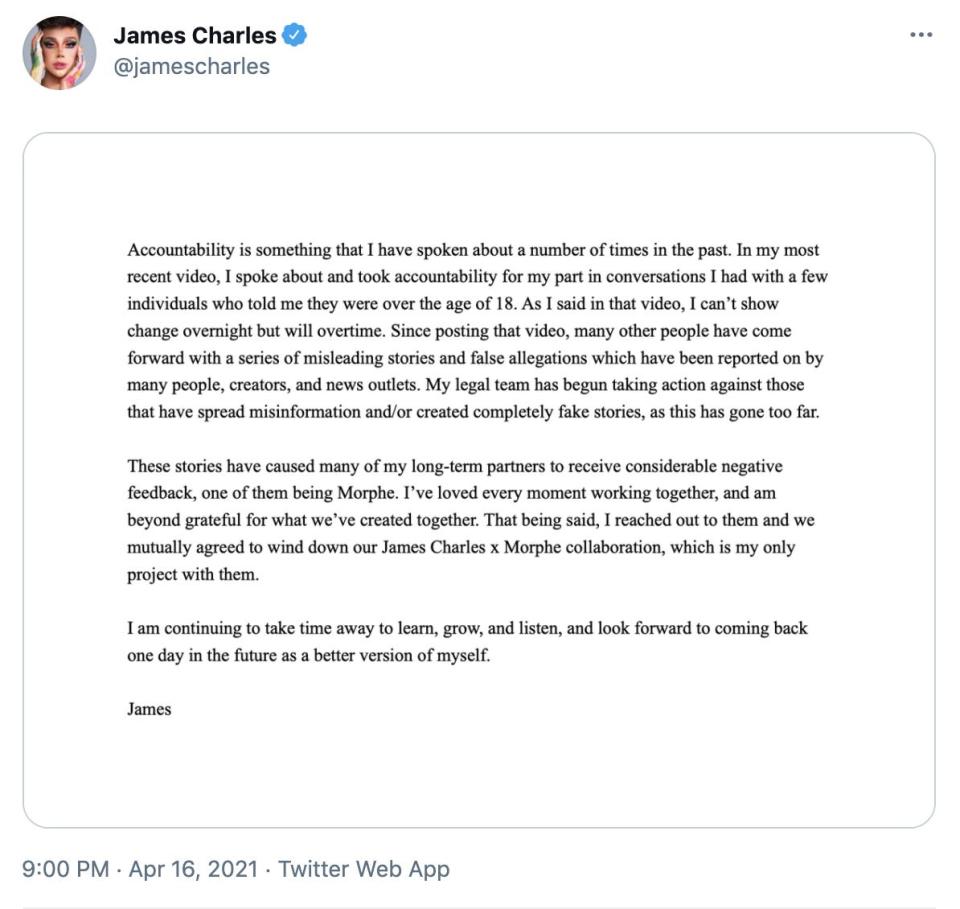 james charles morphe statement