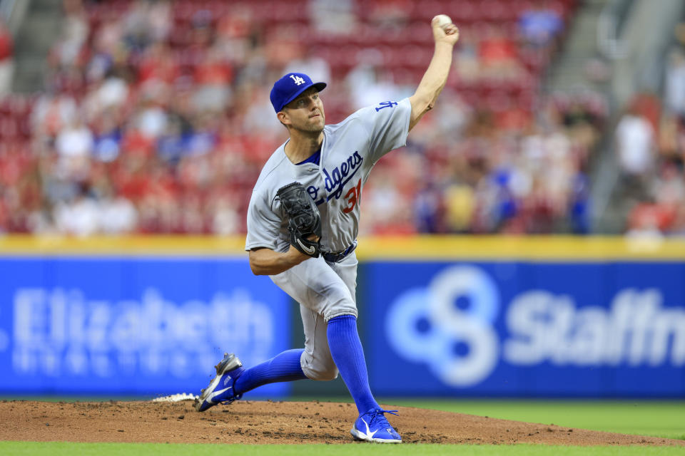 Los Angeles Dodgers' Tyler Anderson throws during the first inning of the team's baseball game against the Cincinnati Reds in Cincinnati, Wednesday, June 22, 2022. (AP Photo/Aaron Doster)