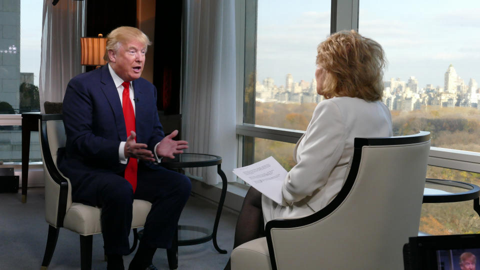 Barbara Walters speaks to Republican Presidential candidate Donald Trump in New York City. 