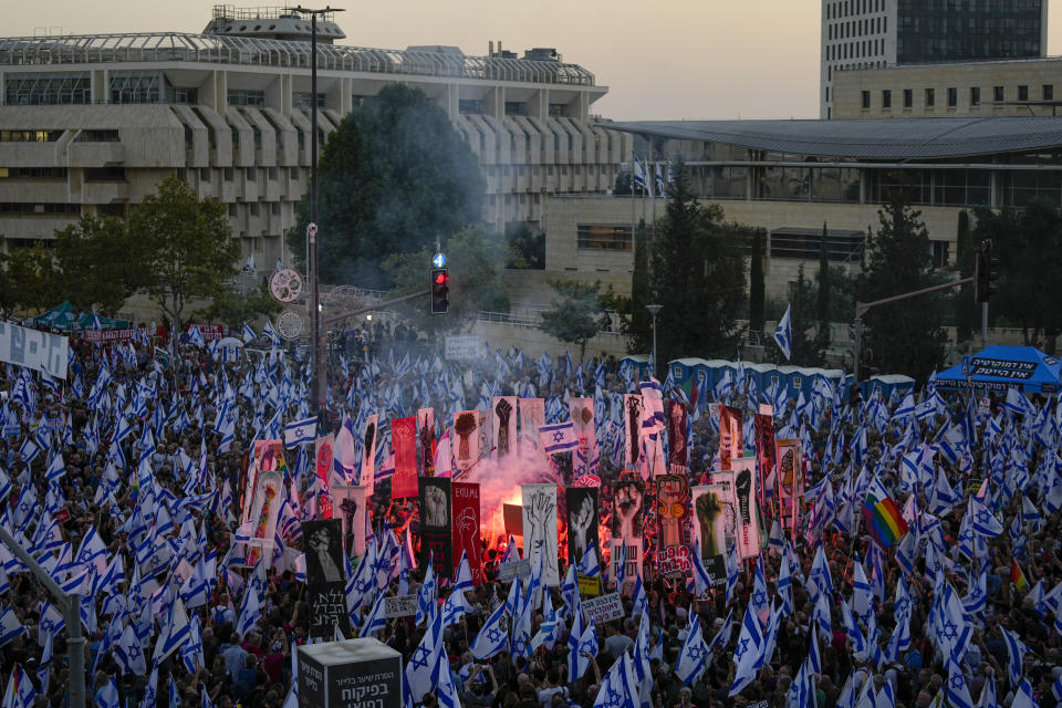 Israelis protest against plans by Prime Minister Benjamin Netanyahu's government to overhaul the judicial system and in support of the Supreme Court in Jerusalem, Monday, Sept. 11, 2023. (AP Photo/Ohad Zwigenberg)