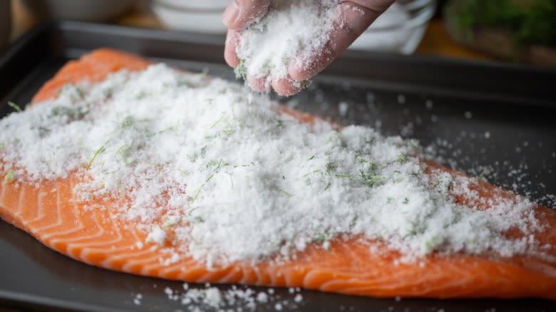 salmon with salt on top