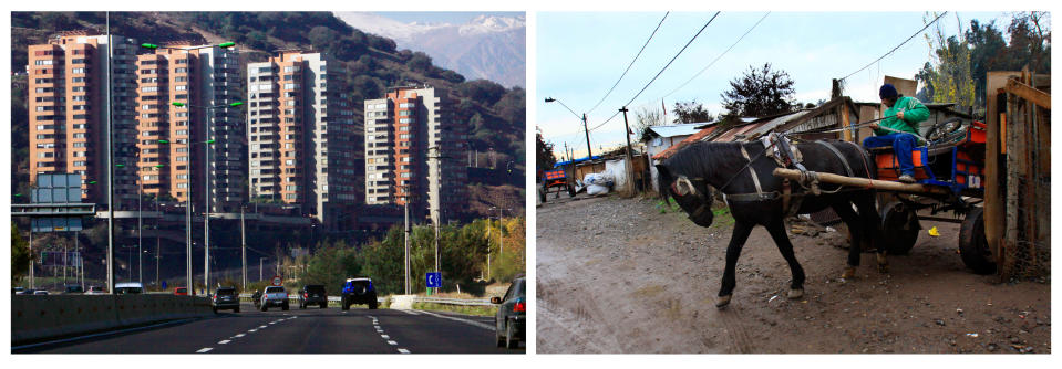 FILE - This file combo of two photos taken in June 2012, shows high-rise offices in La Dehesa Costanera Center, one of Santiago, Chile's most expensive commercial sectors in the city's Providencia sector, and at right, a man leaves his home in a horse drawn cart to begin his work day of recycling trash in an area where families live in extreme poverty in Santiago's Puente Alto sector. The efforts of Chile's President Sebastian Pinera to squeeze political advantage from his campaign to reduce poverty have backfired, opening him up to accusations that he distorted statistics to show progress on a campaign promise. (AP Photo/Victor Ruiz Caballero, File)