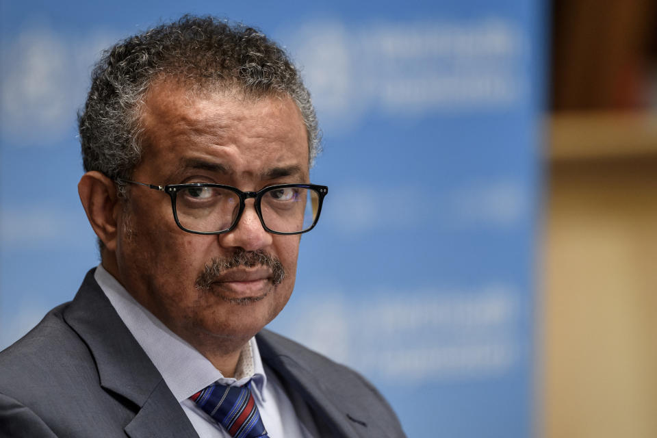 World Health Organization (WHO) Director-General Tedros Adhanom Ghebreyesus attends a news conference organized by Geneva Association of United Nations Correspondents (ACANU) amid the COVID-19 outbreak, caused by the novel coronavirus, at the WHO headquarters in Geneva Switzerland July 3, 2020. Fabrice Coffrini/Pool via REUTERS