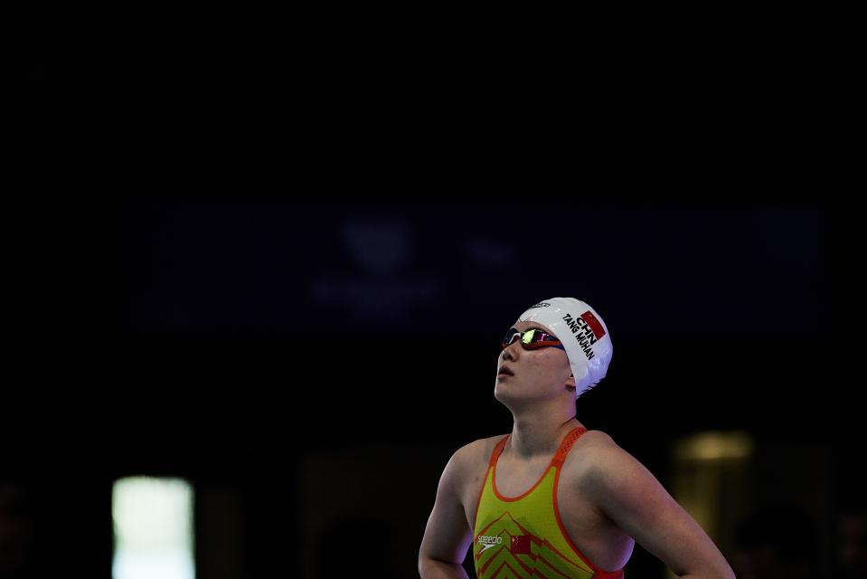 Tang Muhan of China reacts prior to the Women's 200m Freestyle final at the 19th FINA World Championships held in Budapest, Hungary on June 21, 2022. (Photo by Meng Dingbo/Xinhua via Getty Images)