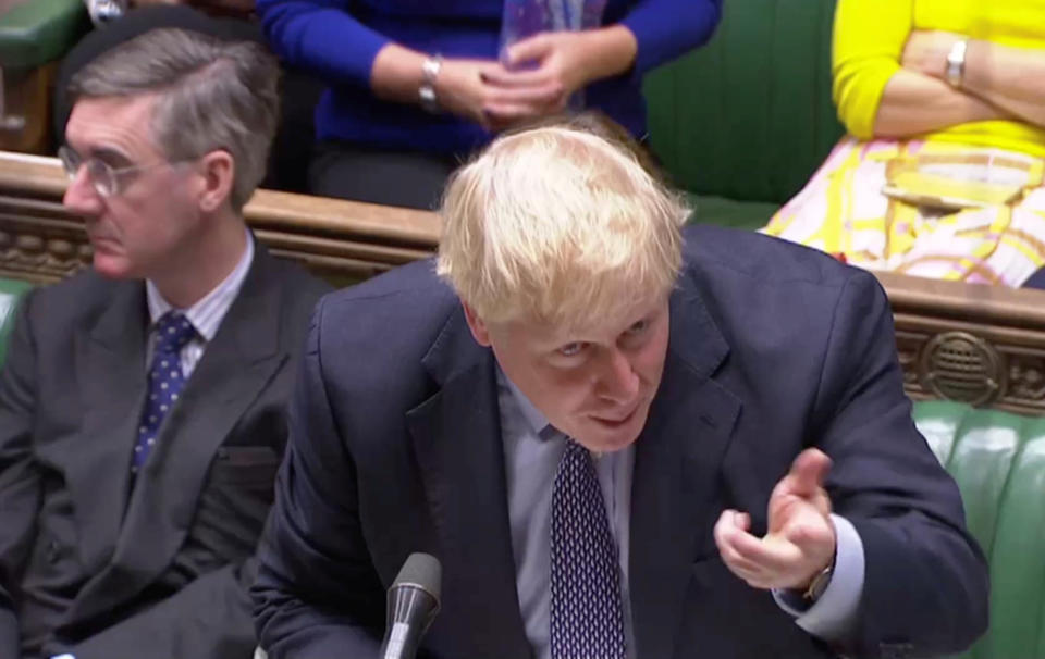 Britain's Prime Minister Boris Johnson speaks at the House of Commons as parliament discusses Brexit, sitting on a Saturday for the first time since the 1982 Falklands War, in London, Britain, October 19, 2019, in this screen grab taken from video. Parliament TV via REUTERS