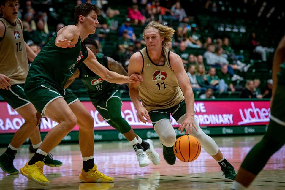 CSU's Jack Payne drives down the lane during the CSU men's basketball Homecoming scrimmage in Moby Arena on Saturday, Oct. 15, 2022, in Fort Collins, Colo.