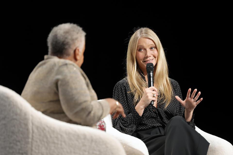 BEVERLY HILLS, CALIFORNIA - FEBRUARY 29: (L-R) Dr. Ella Bell and Gwyneth Paltrow, CEO & Founder, goop speak onstage during Day Three of The MAKERS Conference 2024 The Beverly Hilton on February 29, 2024 in Beverly Hills, California. (Photo by Emma McIntyre/Getty Images for The 2024 MAKERS Conference)