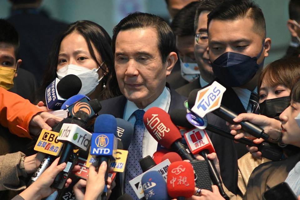 Taiwan's former President Ma Ying-jeou speaks to journalists before his visit to China from the Taoyuan international airport on March 27, 2023.<span class="copyright">Sam Yeh—AFP/Getty Images</span>