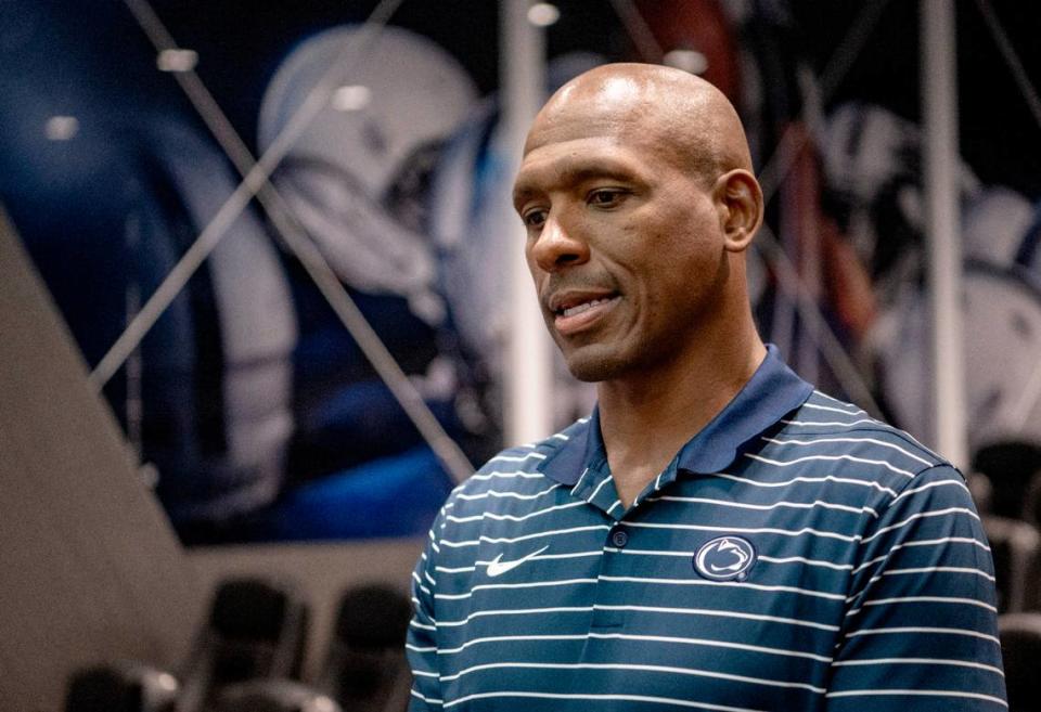 Penn State co-defensive coordinator and safeties coach Anthony Poindexter talks to the media on Thursday, June 8, 2023 in the Lasch Building.